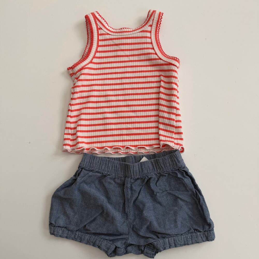 2x Cat & Jack/Carter’s red white stripe tank top blue chambray shorts July 4th